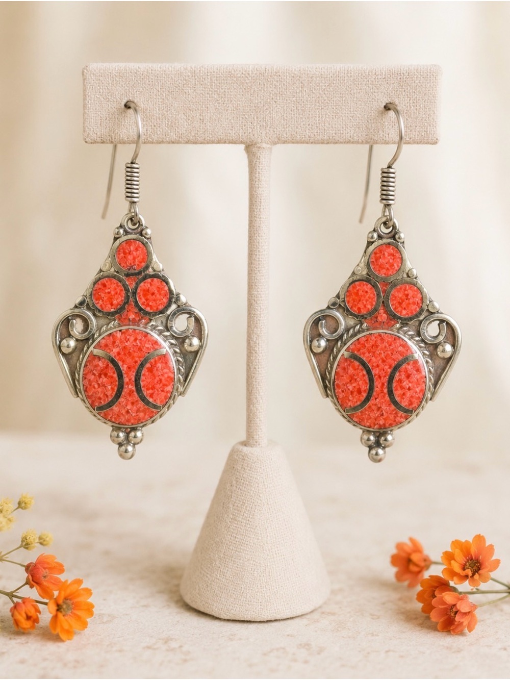 Earrings Bohemian Tibetan Silver Orange Coral Ornate Drop Dangle